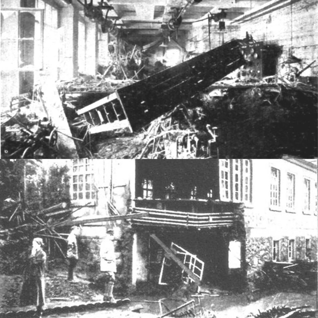 Sự tàn phá của trận lụt năm 1927. Trên: phòng máy của nhà máy J. Assmann. Dưới: nhà máy Stübner.