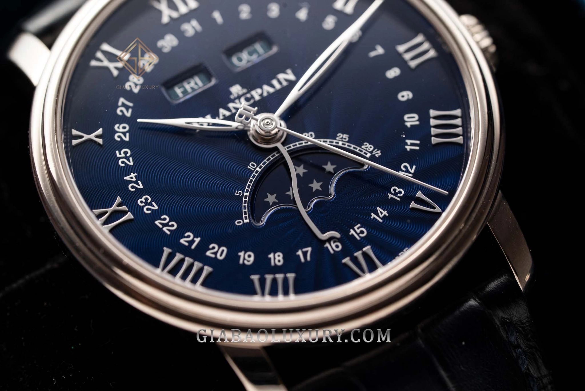 Blancpain Villeret Quantième Complet 6654: bố cục thứ tháng ngày và tuần trăng trên mặt số