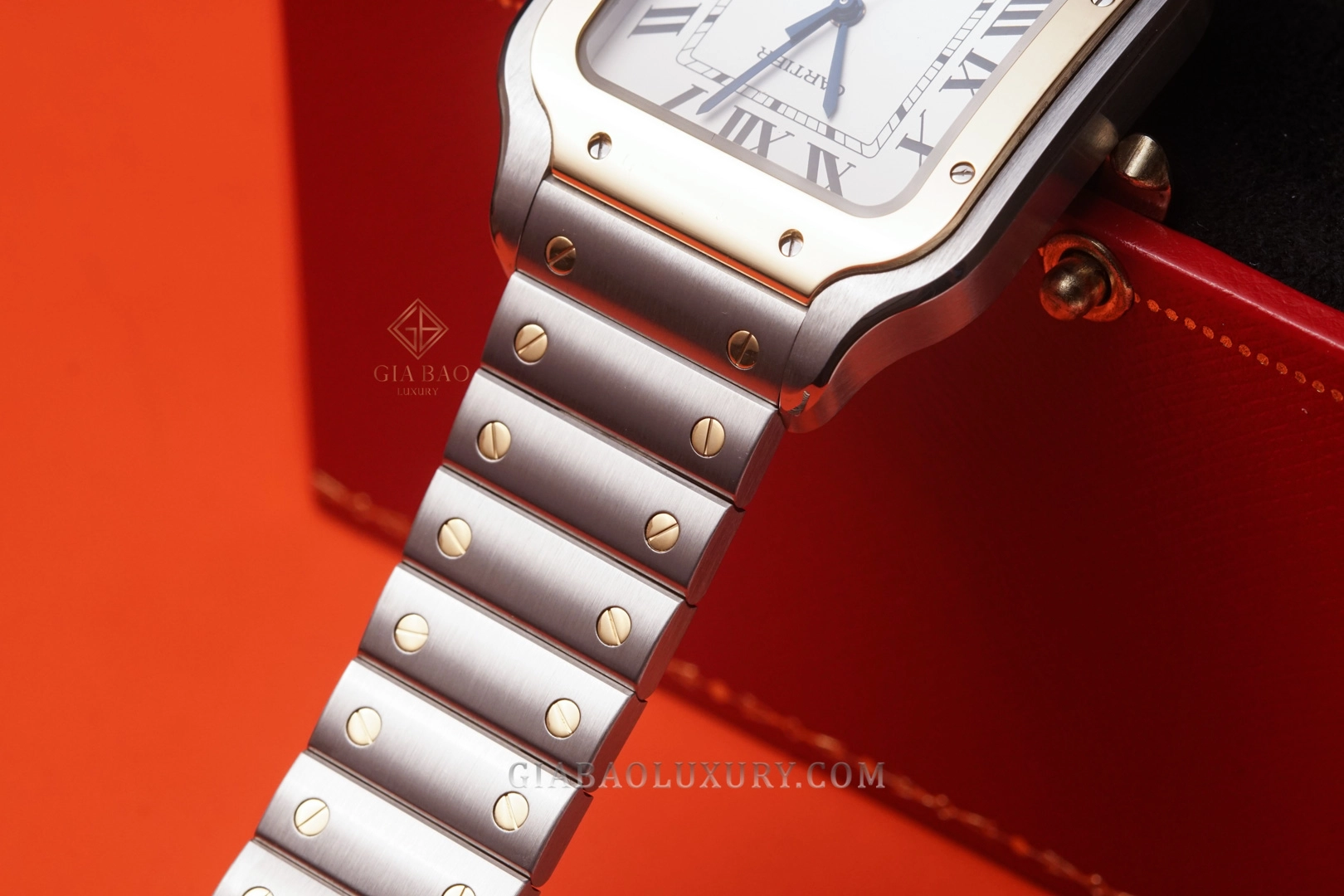 Dây thép và các chi tiết màu vàng của Cartier Santos W2SA0006