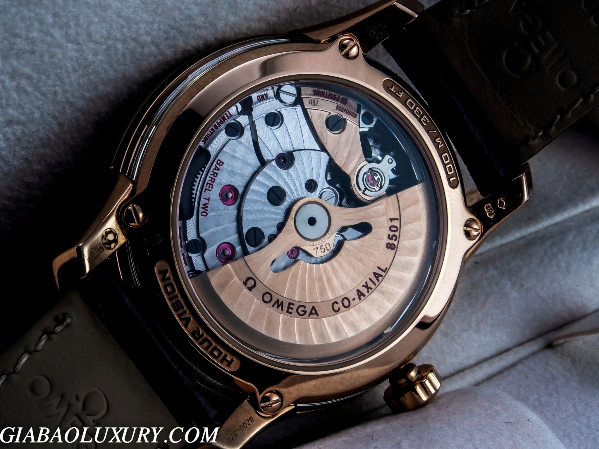 Calibre Omega Co-Axial 8501 của De Ville Hour Vision nhìn qua đáy sapphire
