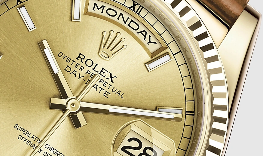 Cận cảnh Rolex Day-Date cho thấy mặt số và lịch thứ