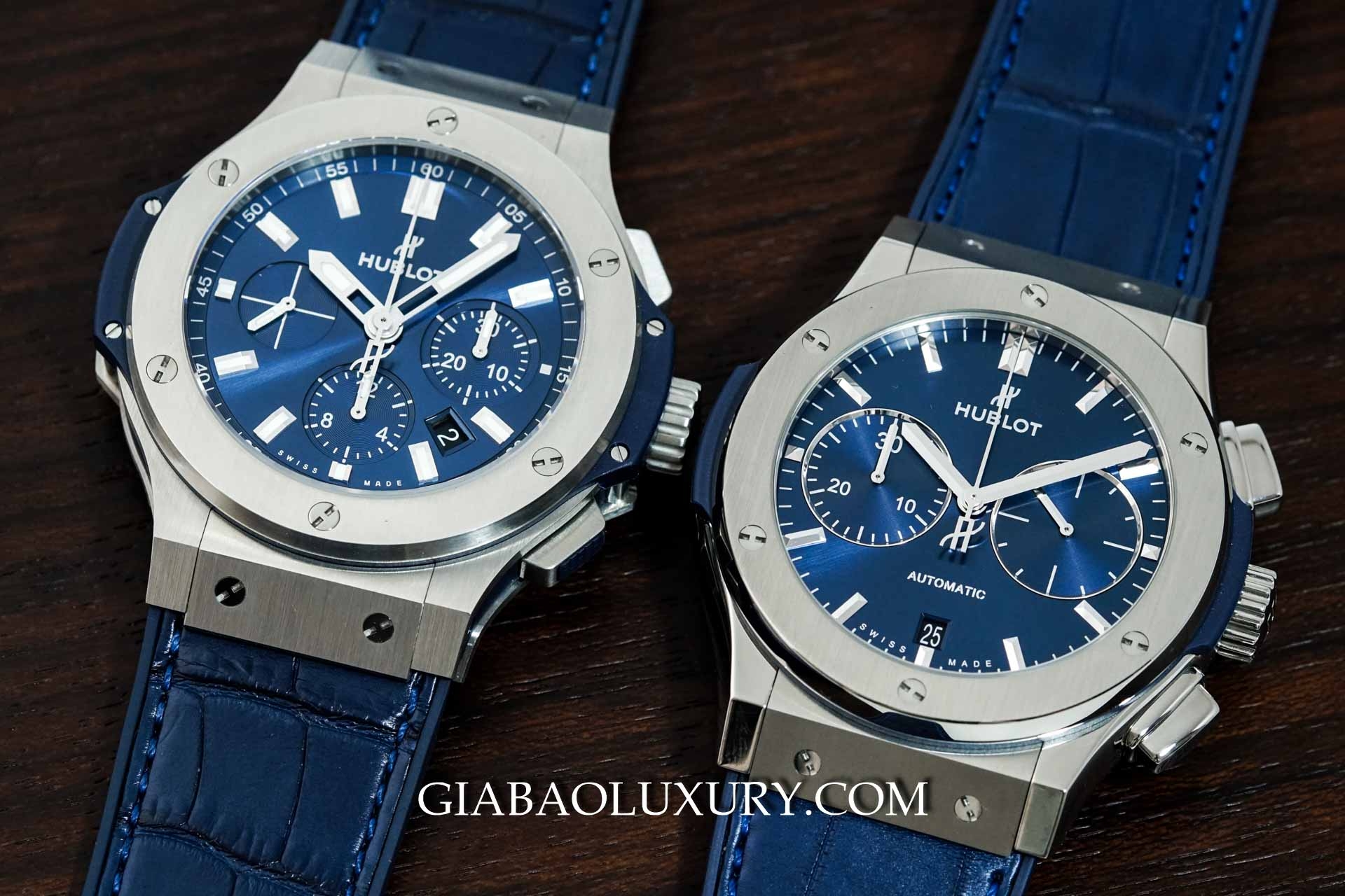 Hublot Big Bang và Classic Fusion Chronograph màu xanh đặt cạnh nhau