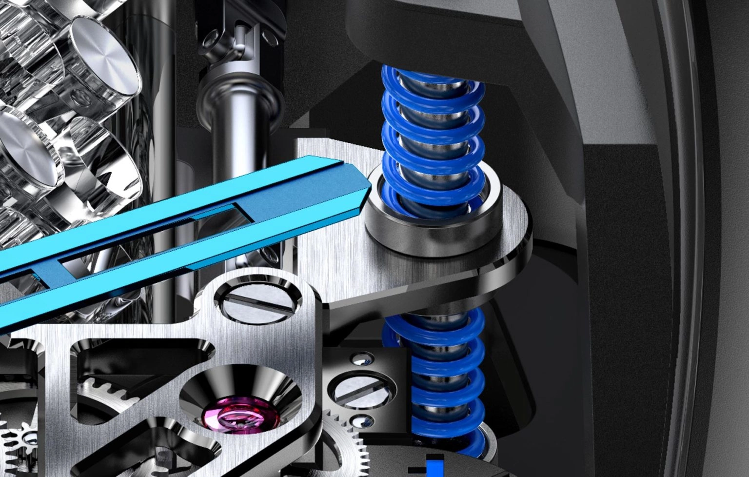 Jacob & Co. Bugatti Chiron Tourbillon: chi tiết hệ treo gợi giảm xóc quanh bộ máy