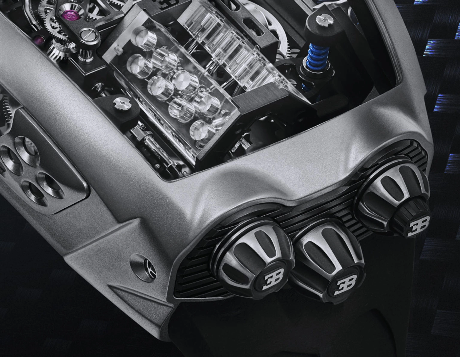 Jacob & Co. Bugatti Chiron Tourbillon: vỏ Bugatti Chiron Tourbillon và ba núm điều khiển