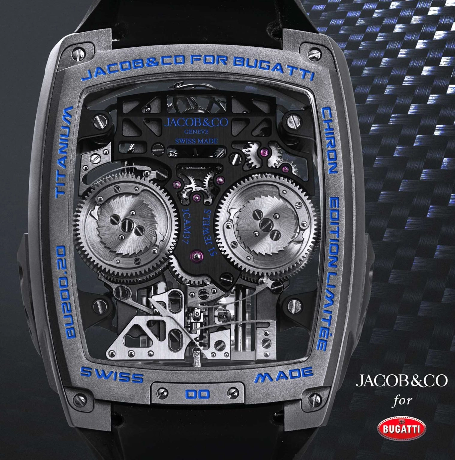 Jacob & Co. Bugatti Chiron Tourbillon: mặt sau với hai chỉ báo năng lượng