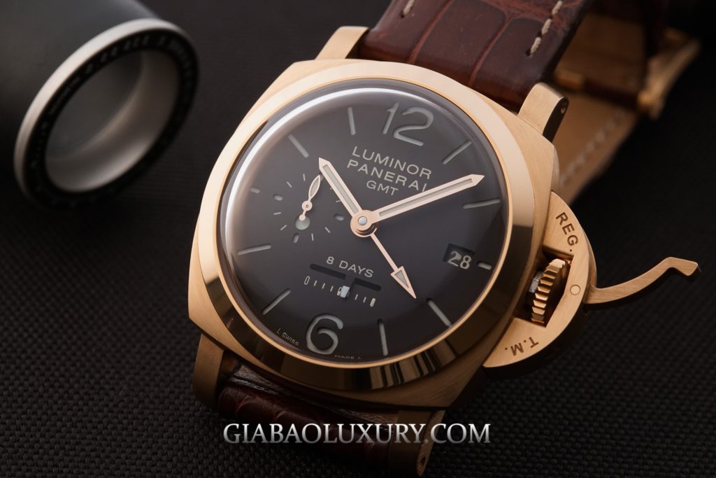 Panerai Luminor 1950 8 Days GMT PAM00289 và calibre P.2002: Panerai Luminor 1950 8 Days GMT PAM00289 nhìn chính diện