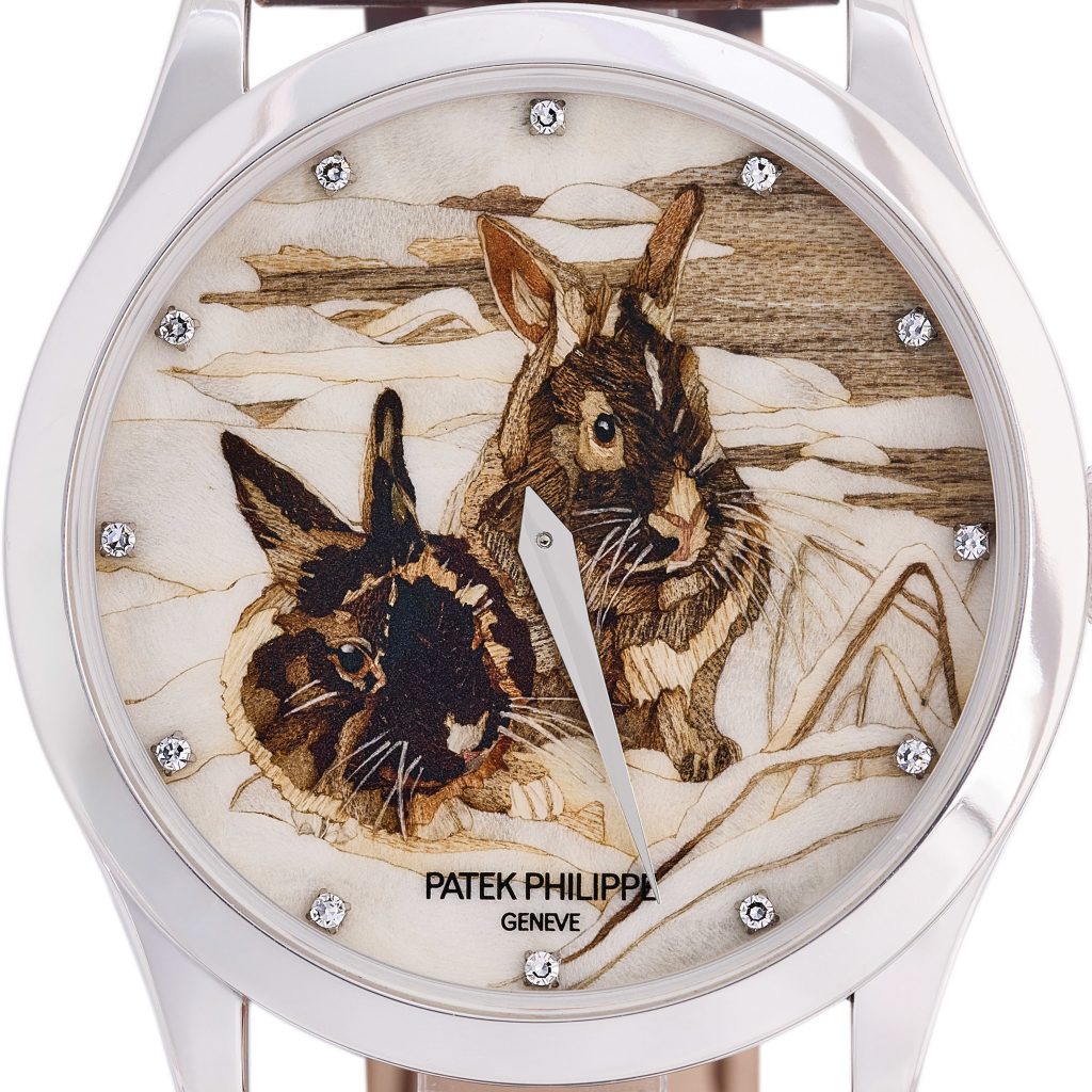 Cận mặt số khảm gỗ hai chú thỏ Patek Philippe 5077P
