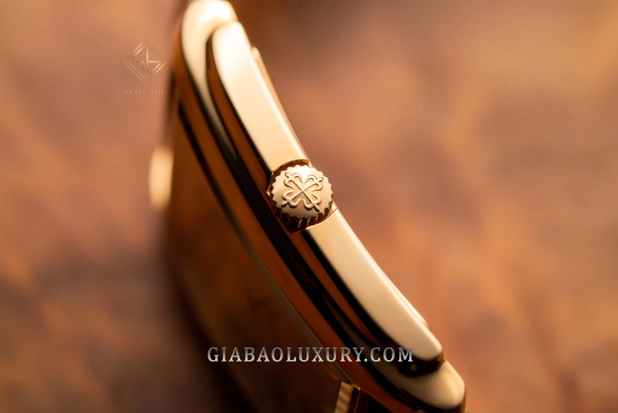 Patek Philippe Gondolo 5124J-001: cạnh vỏ cong và núm lên cót của Gondolo 5124J