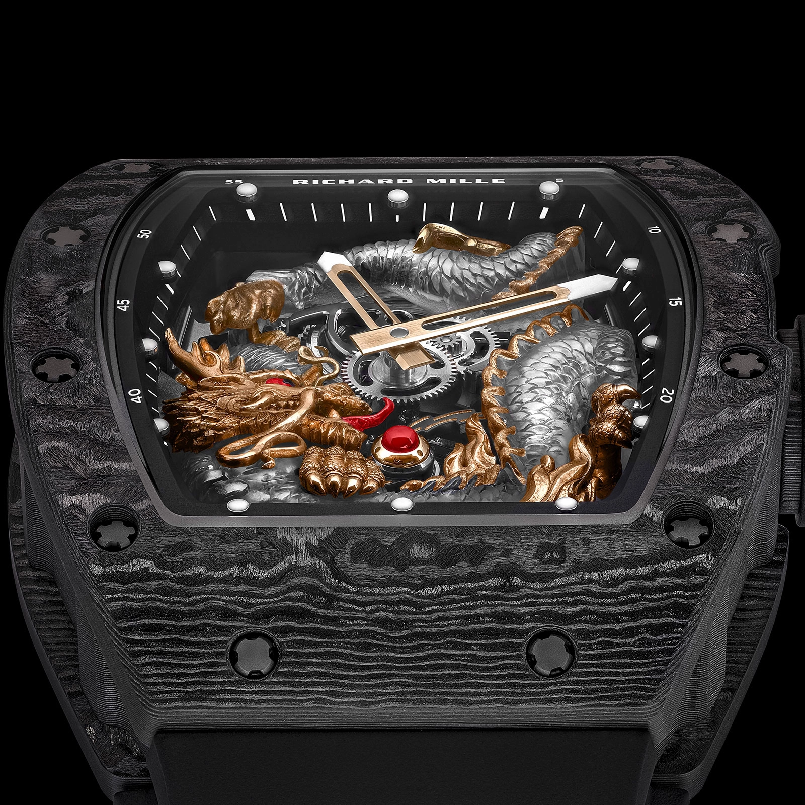 Richard Mille RM 57-03 Sapphire Dragon: mặt trước RM 57-03 với rồng bao quanh tourbillon