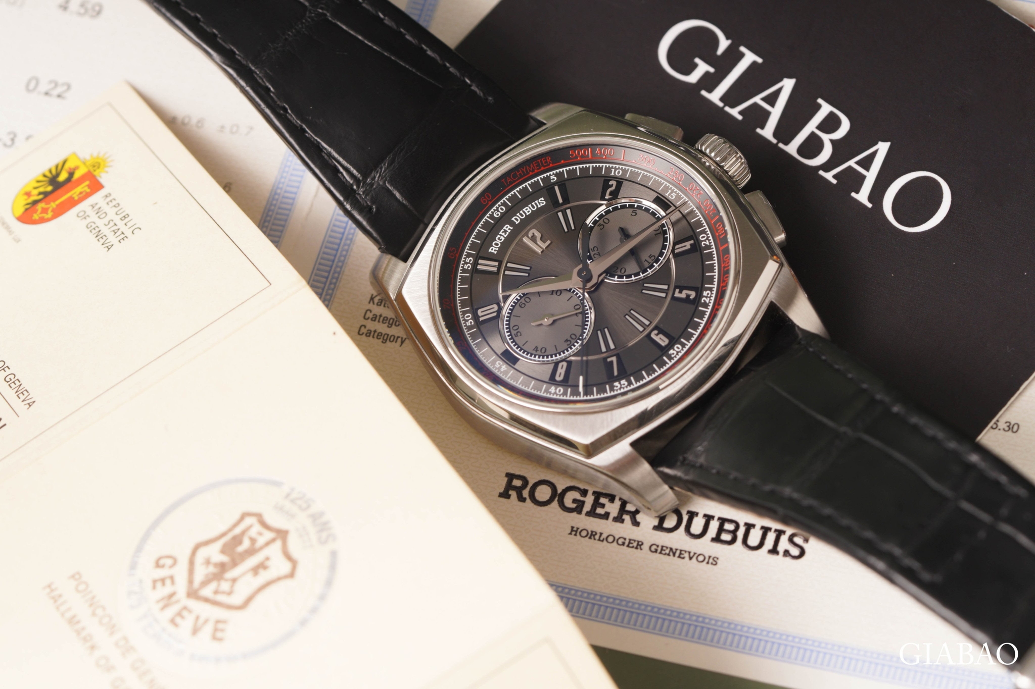 Roger Dubuis La Monégasque DBMG0005 đặt trên giấy tờ và sổ của hãng
