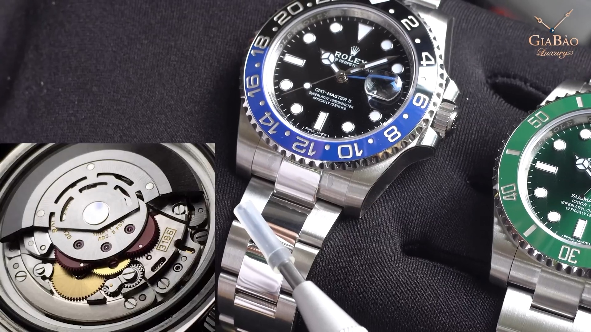 Đồ họa calibre Rolex 3186 và 3135 trong video so sánh