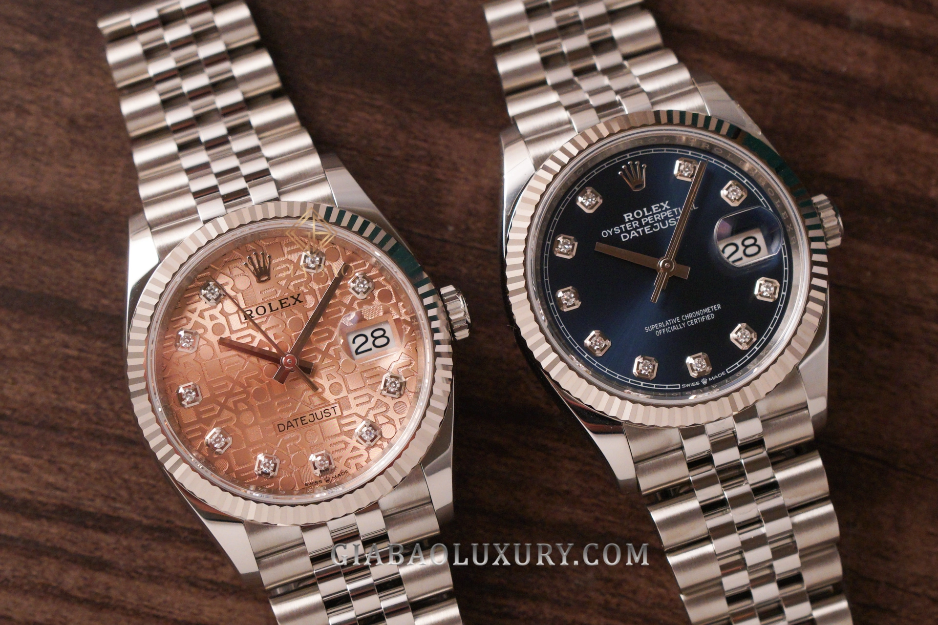 Rolex Datejust 36, Datejust II và Datejust 41: hai mặt số Datejust cùng dây Jubilee đặt cạnh nhau