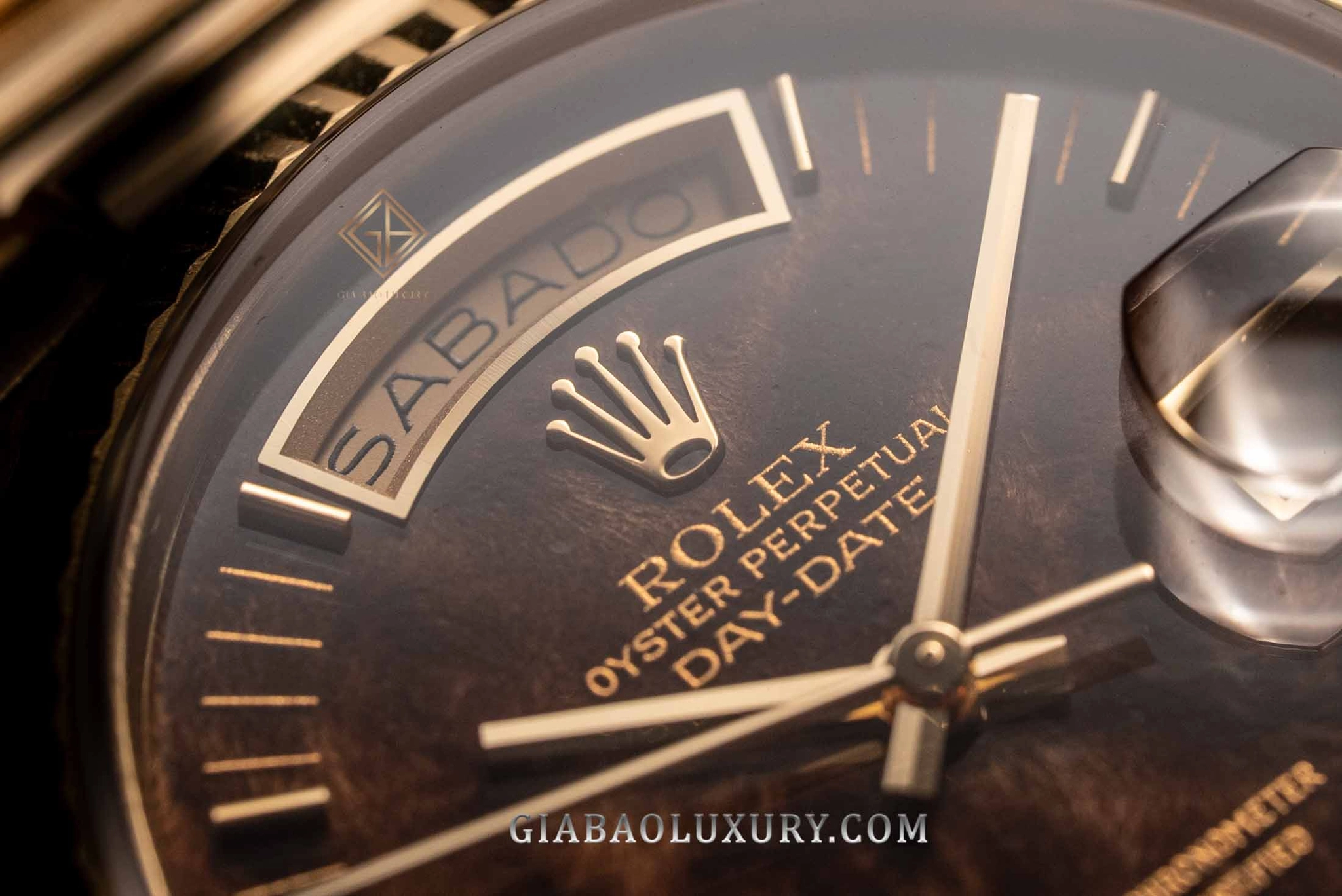 Rolex Day-Date 36 Ref. 18038 mặt số gỗ burr: vỏ 36 mm và dây President nhìn trực diện