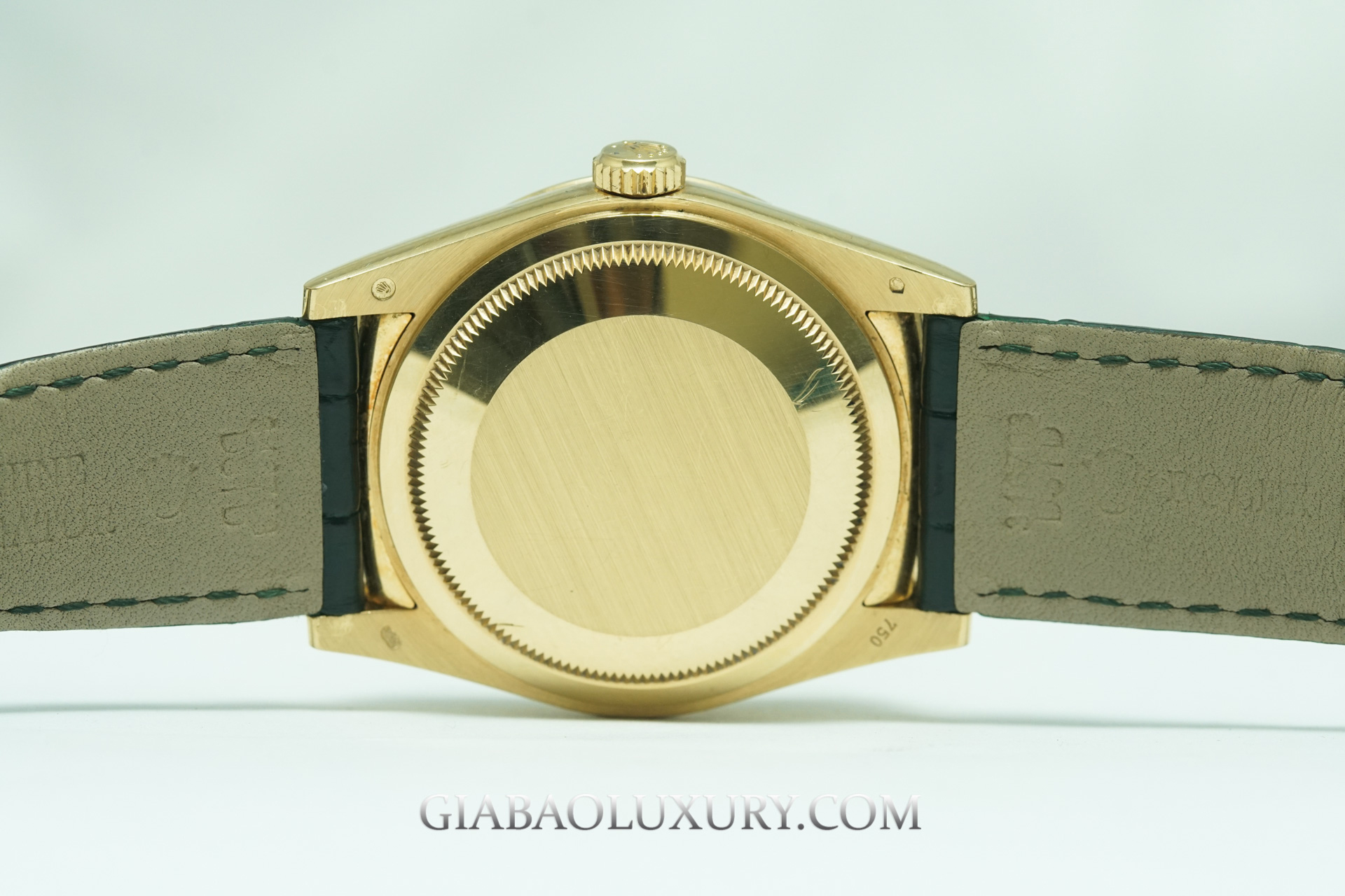 Mặt đáy và dây da xanh của Rolex Day-Date 118138