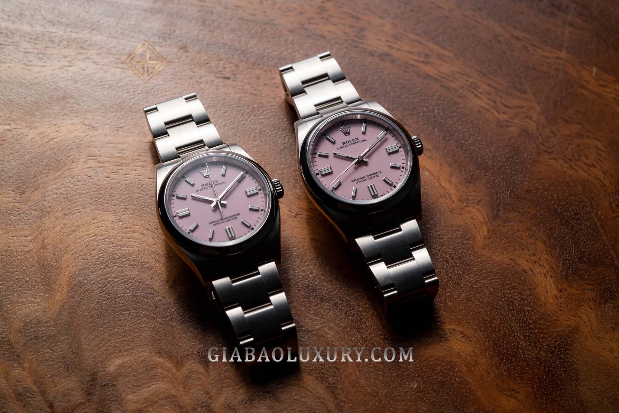 Rolex Oyster Perpetual 36 Ref. 126000 mặt hồng: Hai chiếc Ref. 126000 mặt hồng nhìn toàn cảnh