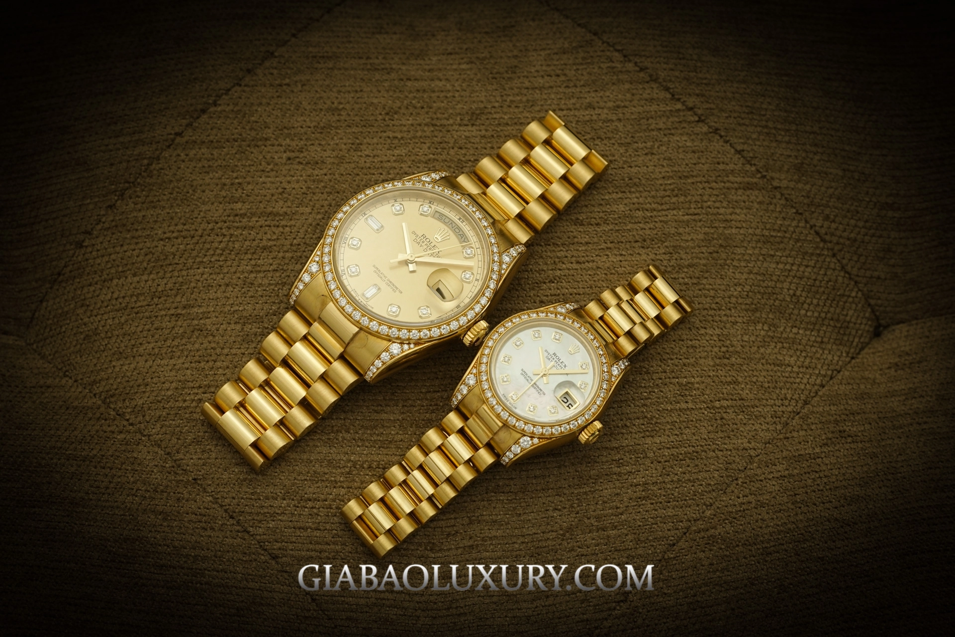Rolex đính đá: Pearlmaster, Day-Date và Lady-Datejust: Day-Date 118388 và Lady-Datejust 179158 đặt cạnh nhau