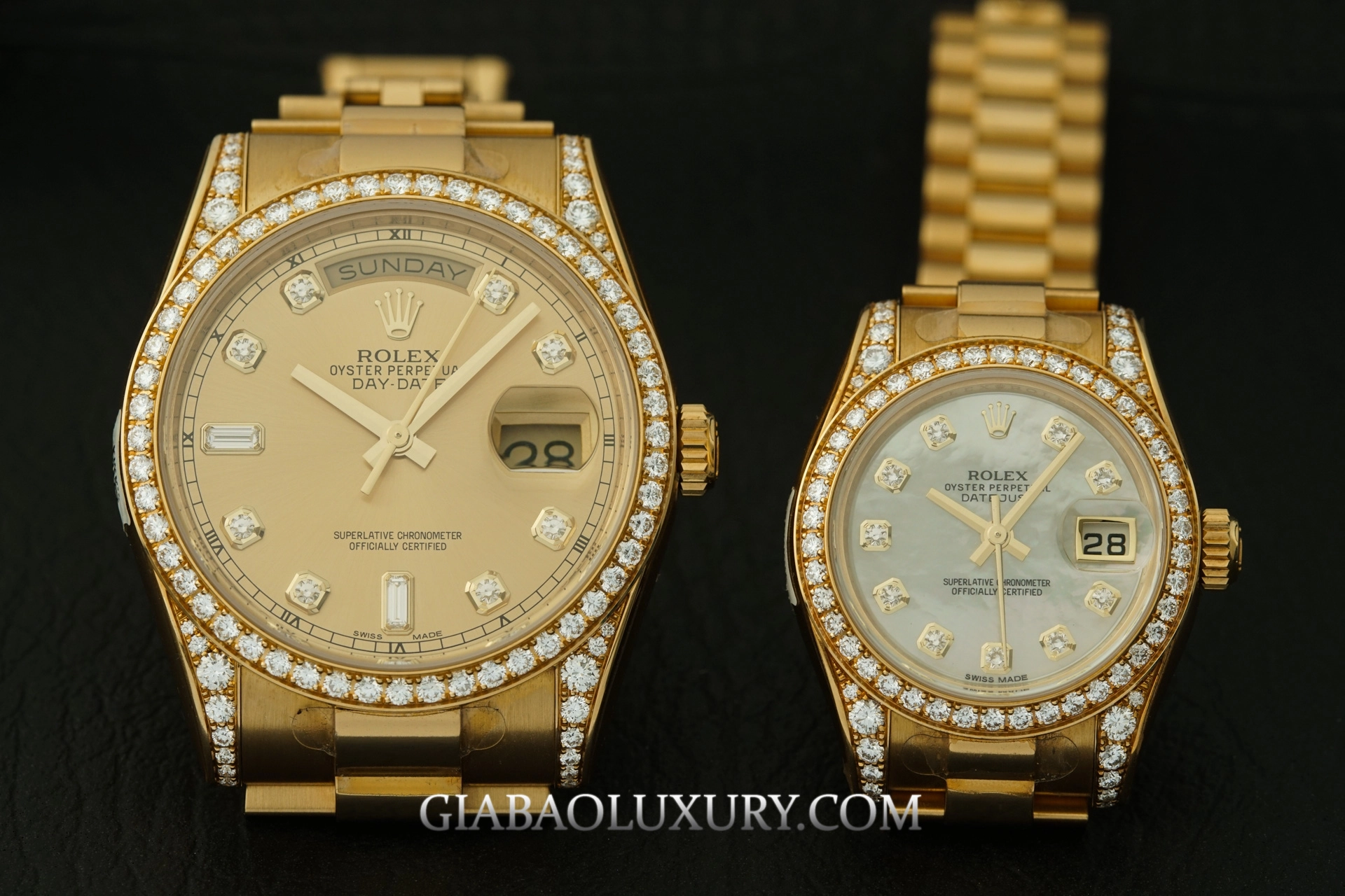 Rolex đính đá: Pearlmaster, Day-Date và Lady-Datejust: tỷ lệ hai mẫu đồng hồ vàng đính đá khi đặt cạnh nhau