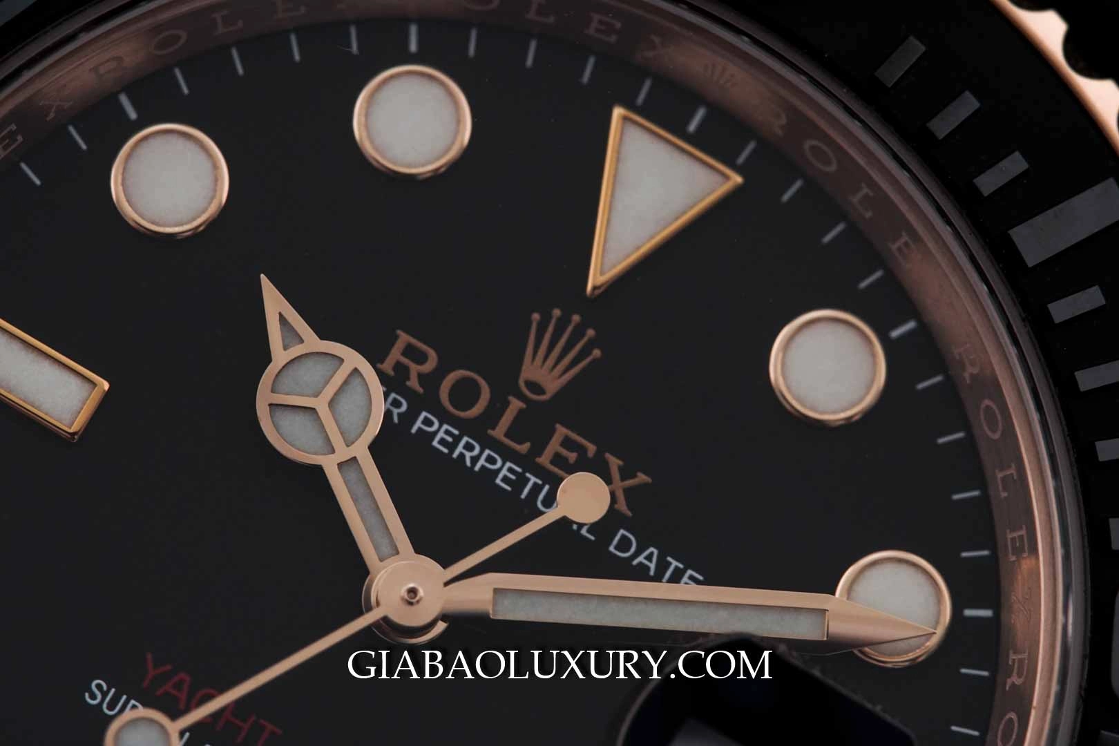Rolex Yacht-Master 116655: Everose và dây Oysterflex: bộ kim và cọc giờ phát quang Chromalight