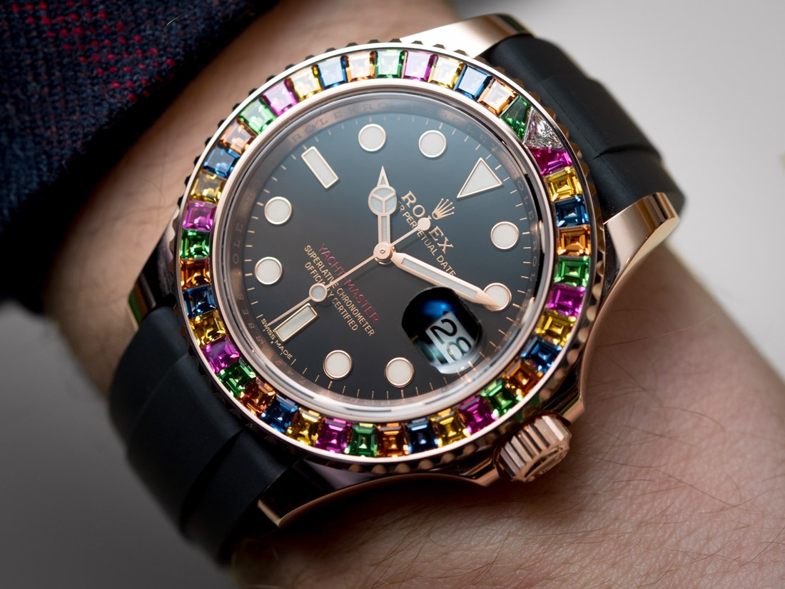 Rolex Yacht-Master 116695SATS: vành sapphire nhiều màu: tỷ lệ Yacht-Master 116695SATS khi lên cổ tay