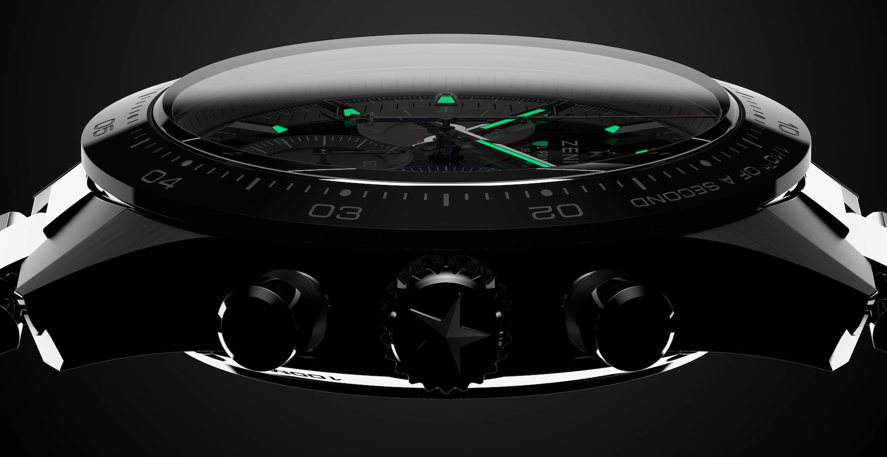 Zenith Chronomaster Sport: calibre El Primero 3600: Bezel gốm và nút bấm nhìn từ cạnh vỏ
