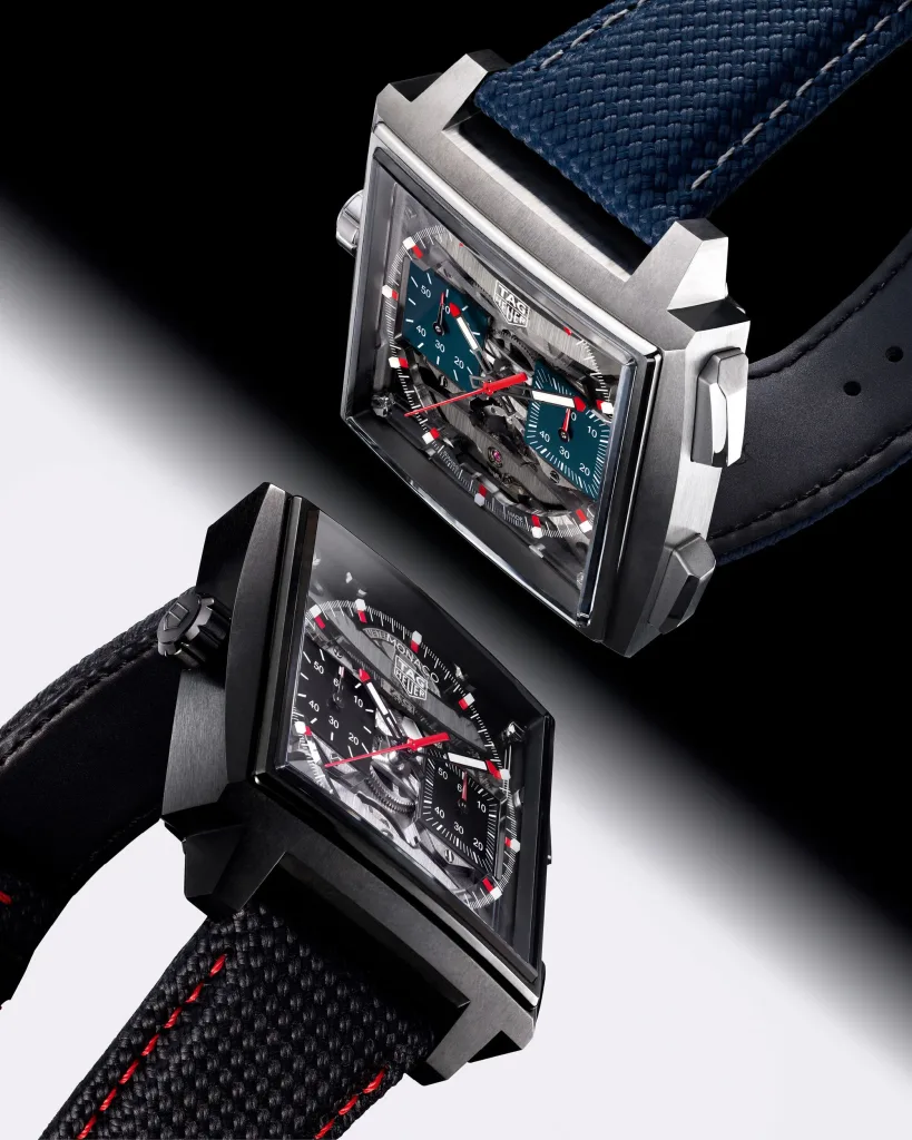 Hai phiên bản titanium xanh và DLC đen của TAG Heuer Monaco Evergraph