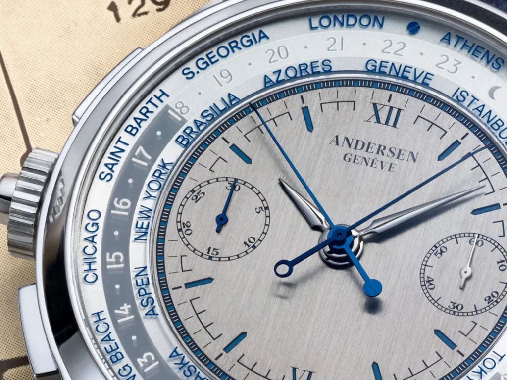 Cận cảnh mặt số và hai kim chronograph Andersen Rattrapante Mondiale