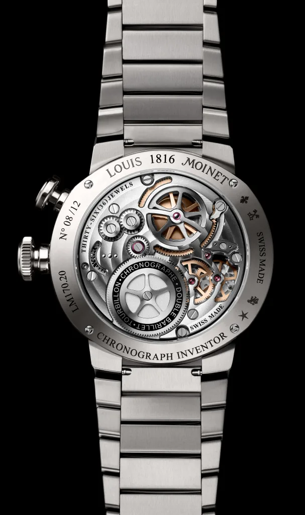 Mặt đáy calibre LM114 của Louis Moinet 1816 Tourbillon Chronograph