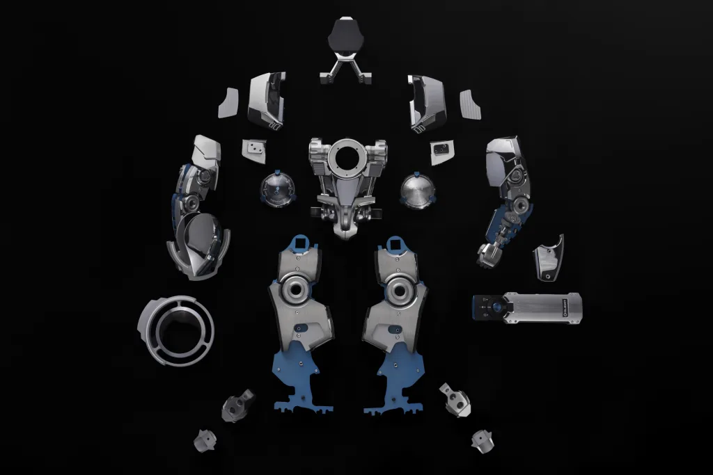 Các bộ phận robot MB&F HM12 The Guardian được sắp thành bố cục tháo rời