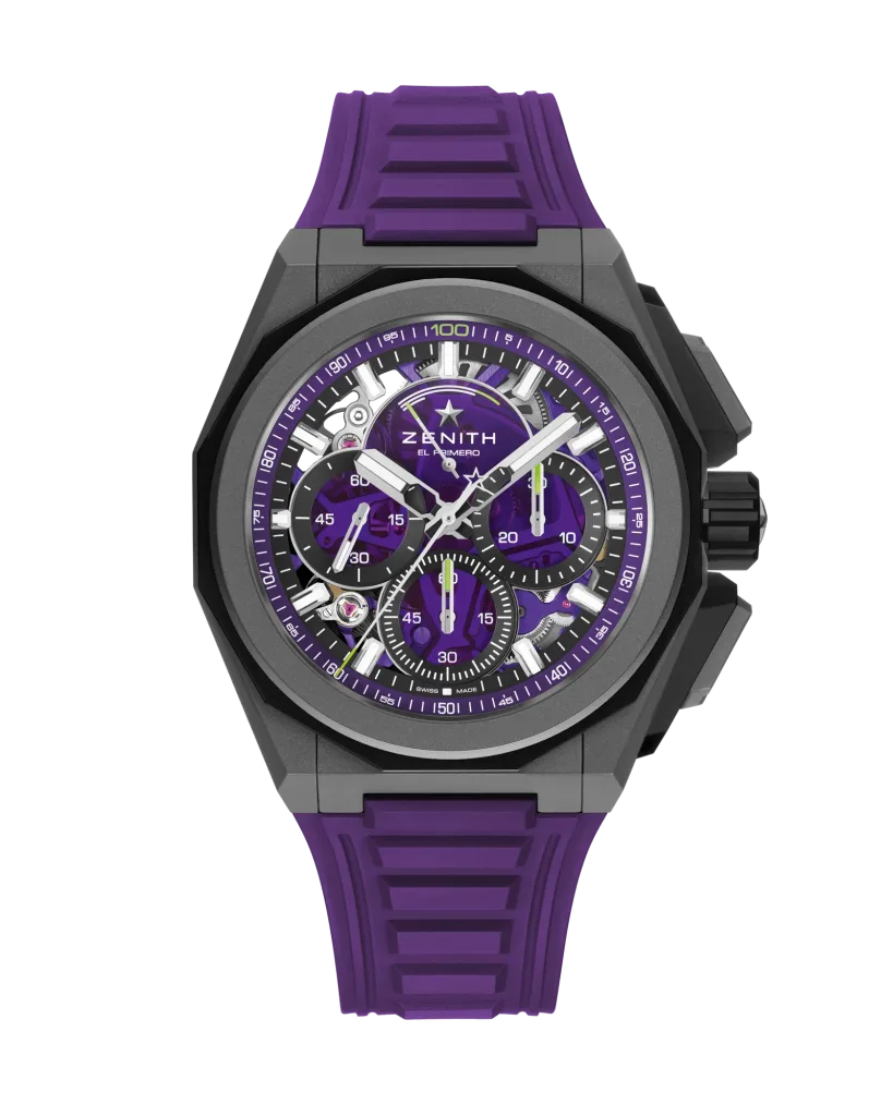 Zenith DEFY Extreme Ultraviolet nhìn chính diện trên dây cao su tím